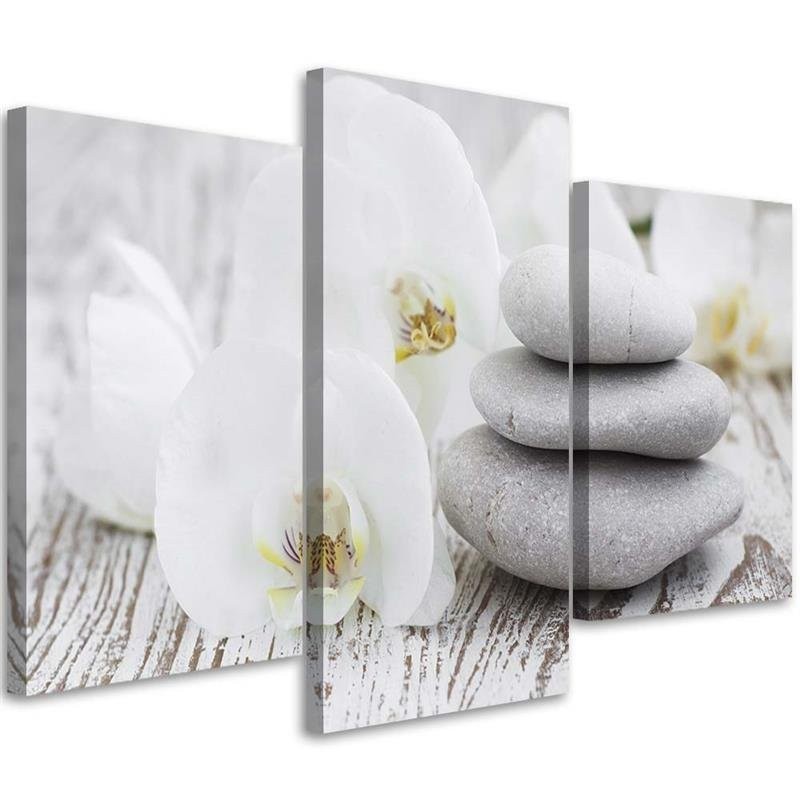 3 piece White orchid and stones - Modern painting for living room | FEEBY