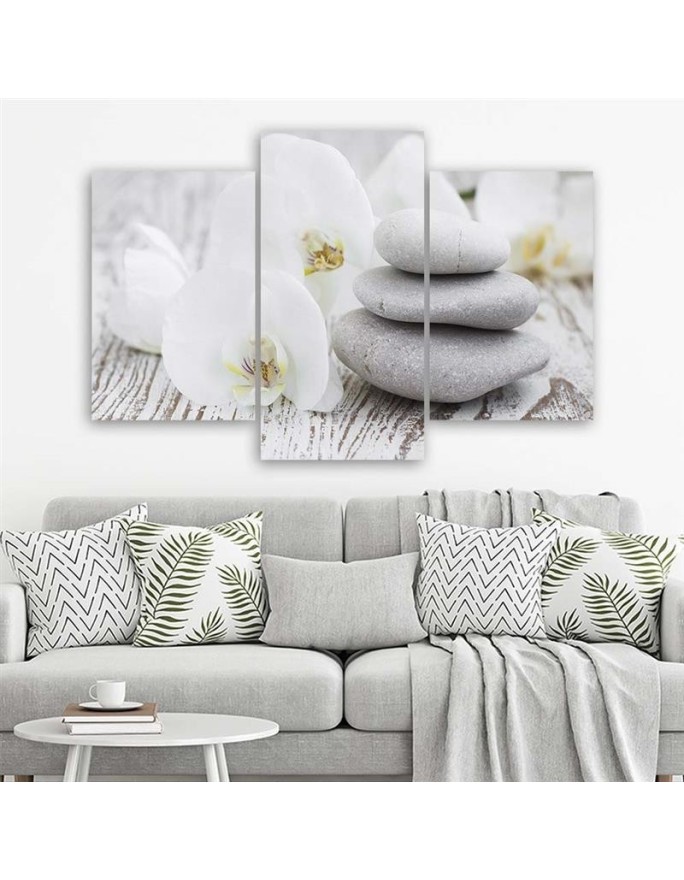 3 piece White orchid and stones - Modern painting for living room | FEEBY
