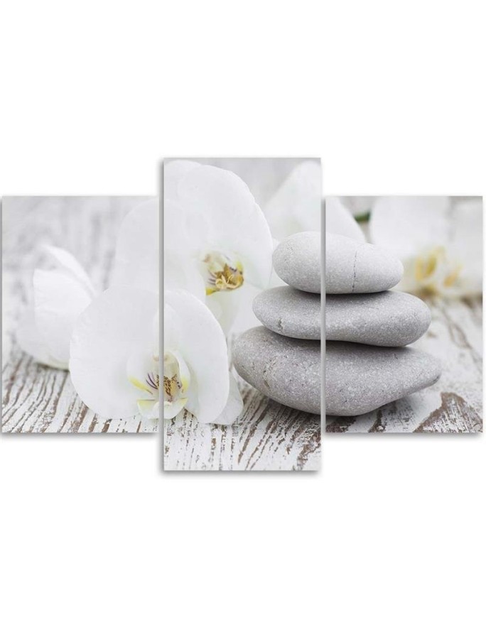 3 piece White orchid and stones - Modern painting for living room | FEEBY