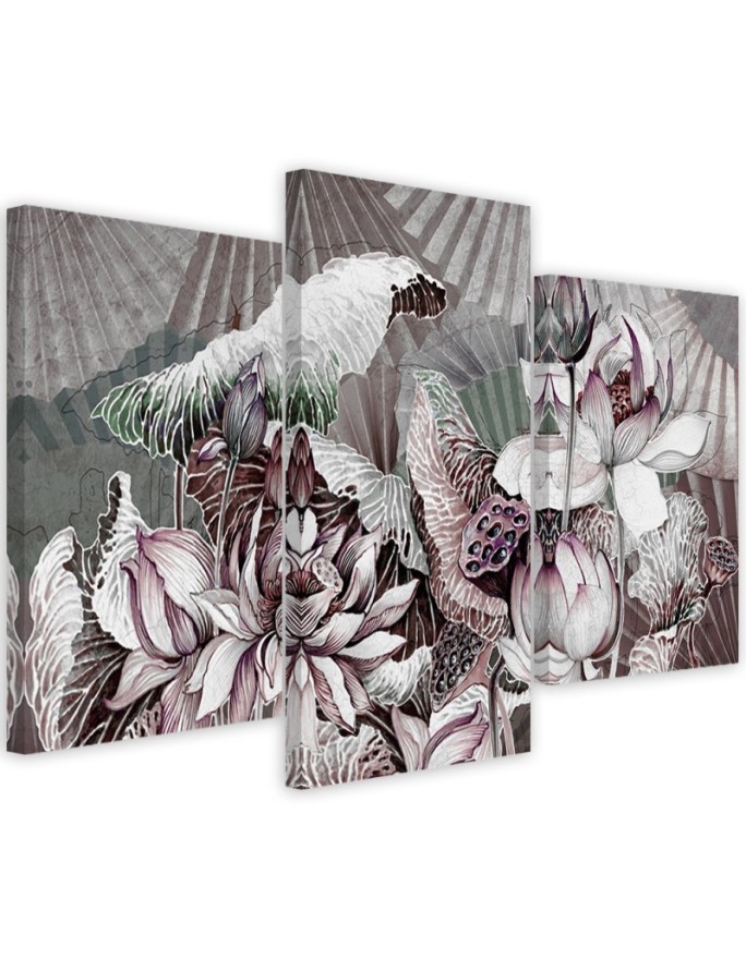 Holy lotus and fans - 3 part canvas painting | FEEBY