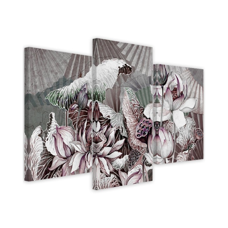 Holy lotus and fans - 3 part canvas painting | FEEBY