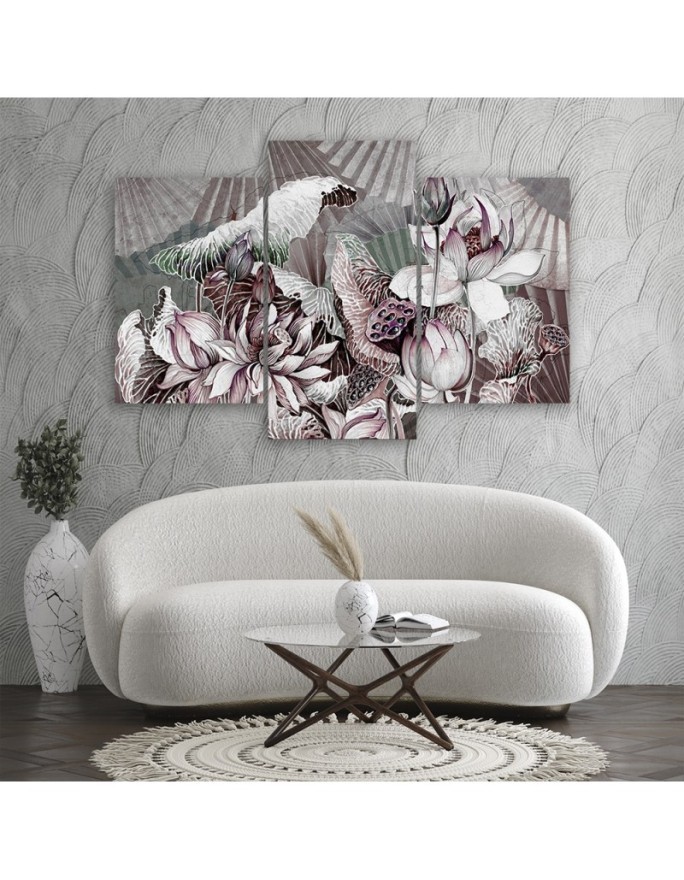 Holy lotus and fans - 3 part canvas painting | FEEBY