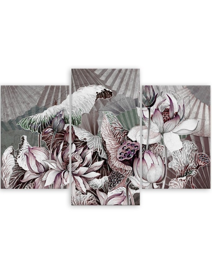 Holy lotus and fans - 3 part canvas painting | FEEBY