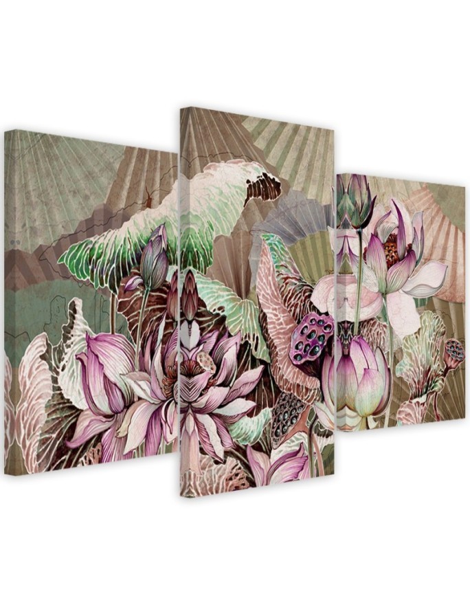 Holy lotus and fans - 3 part canvas painting | FEEBY
