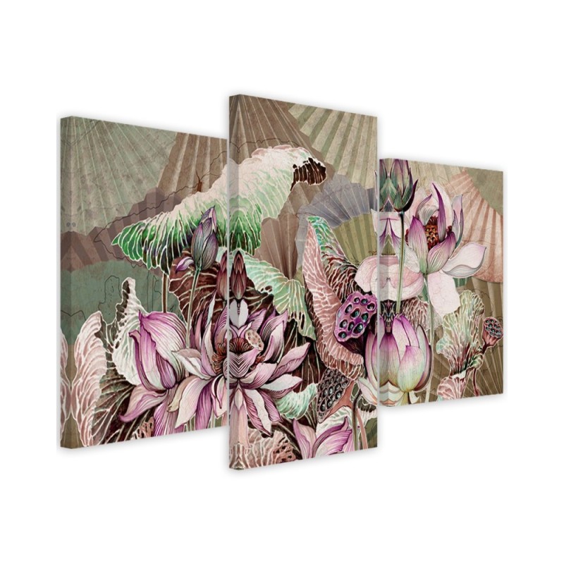 Holy lotus and fans - 3 part canvas painting | FEEBY