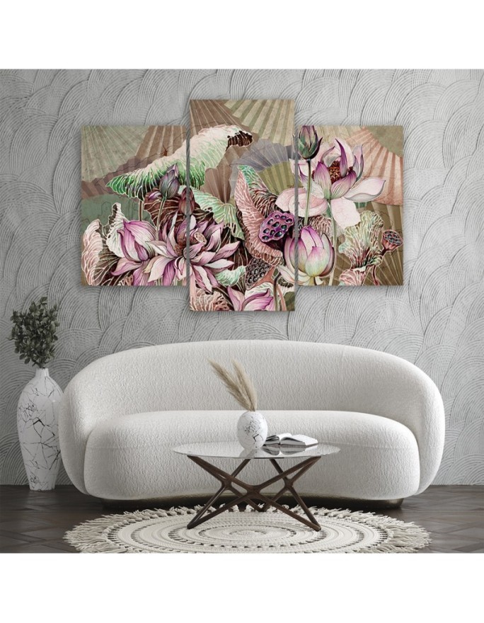 Holy lotus and fans - 3 part canvas painting | FEEBY