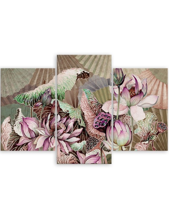 Holy lotus and fans - 3 part canvas painting | FEEBY