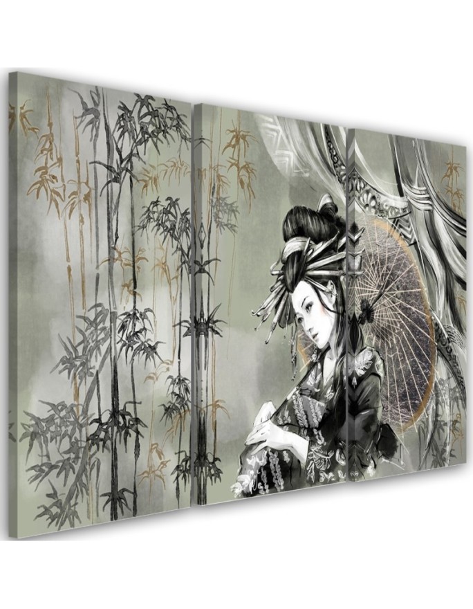 3 piece Canvas print for the room printed on canvas - Geisha and bamboos | FEEBY