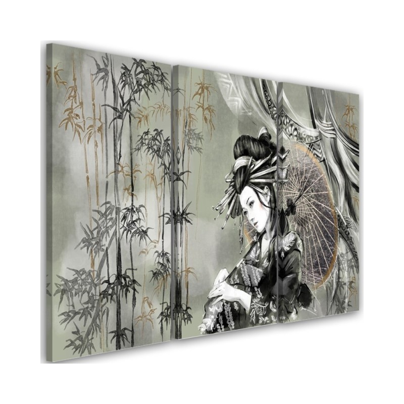 3 piece Canvas print for the room printed on canvas - Geisha and bamboos | FEEBY