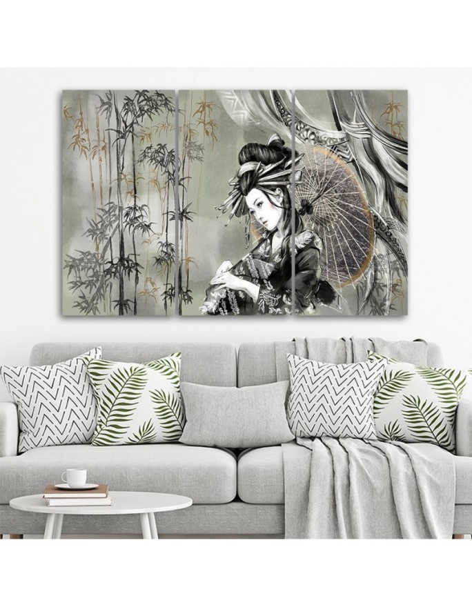 3 piece Canvas print for the room printed on canvas - Geisha and bamboos | FEEBY
