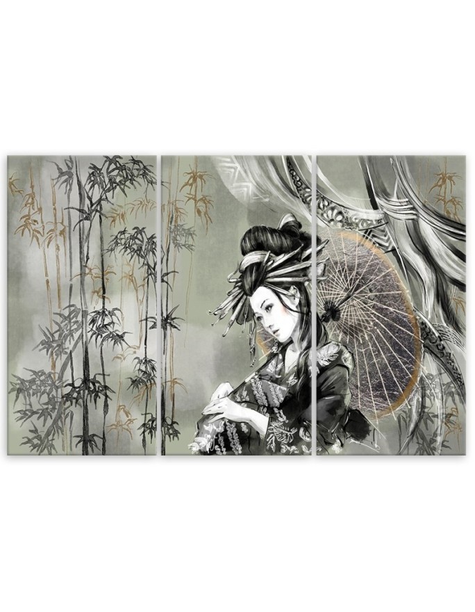 3 piece Canvas print for the room printed on canvas - Geisha and bamboos | FEEBY