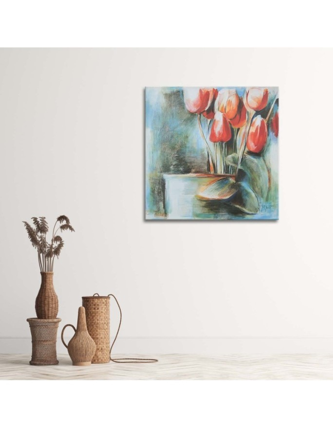 Abstract canvas painting - Red tulips in a vase | FEEBY