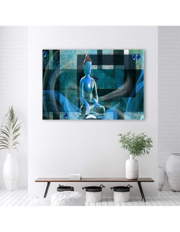 Canvas prints zen Buddhism - Buddha on geometric background blue | FEEBY