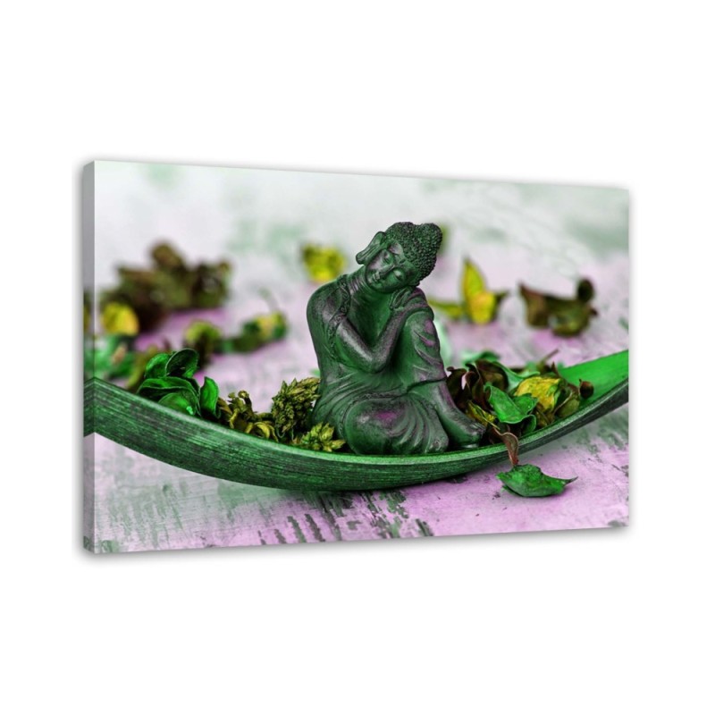 Buddha statue and petals - Abstract painting on canvas | FEEBY