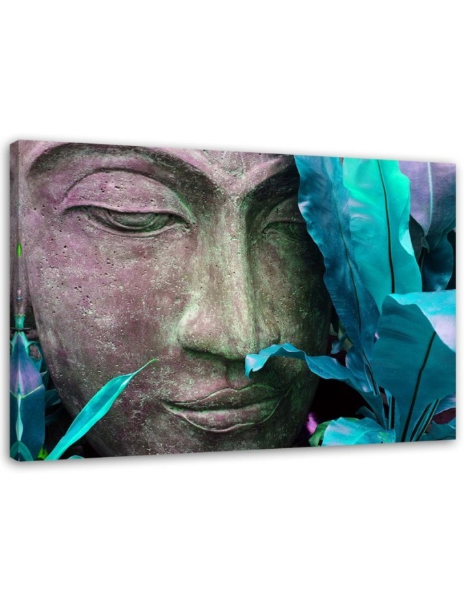 Canvas prints with zen motif - Buddha's face with a leaf | FEEBY