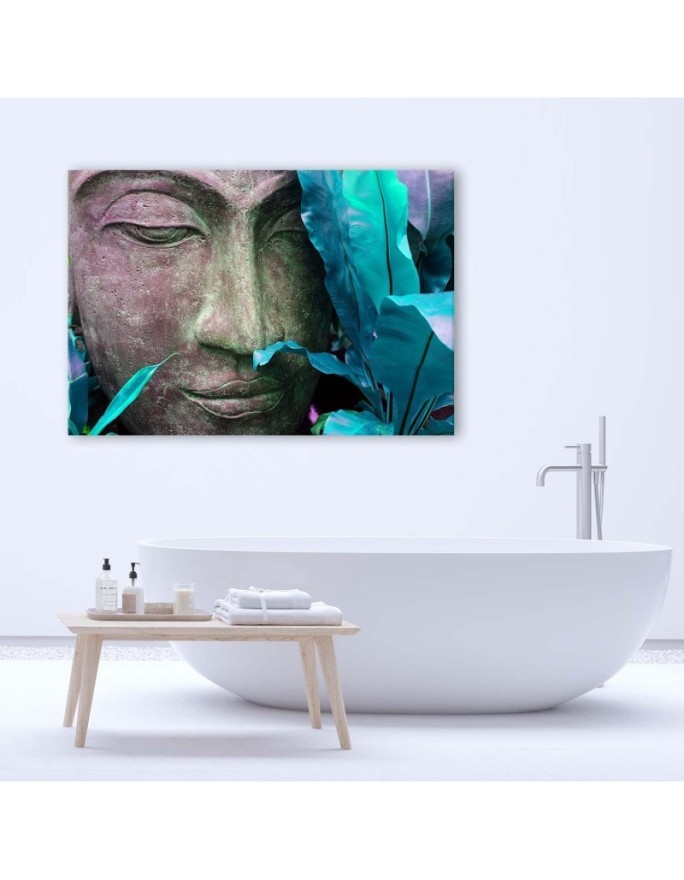 Canvas prints with zen motif - Buddha's face with a leaf | FEEBY