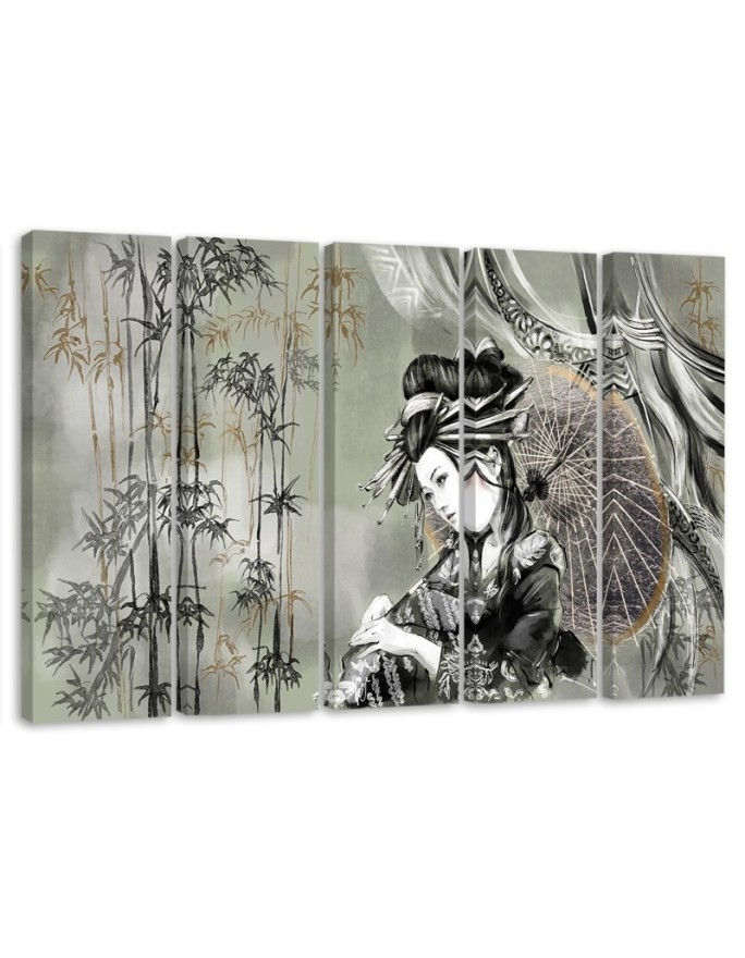 5 Piece Canvas print for living room - Geisha and bamboos | FEEBY