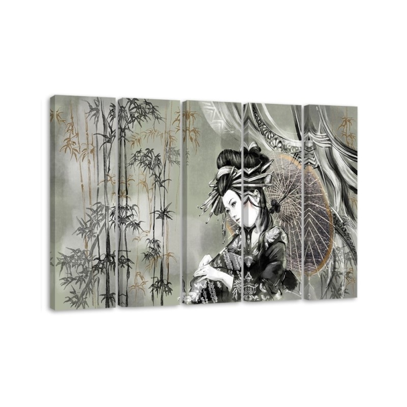 5 Piece Canvas print for living room - Geisha and bamboos | FEEBY