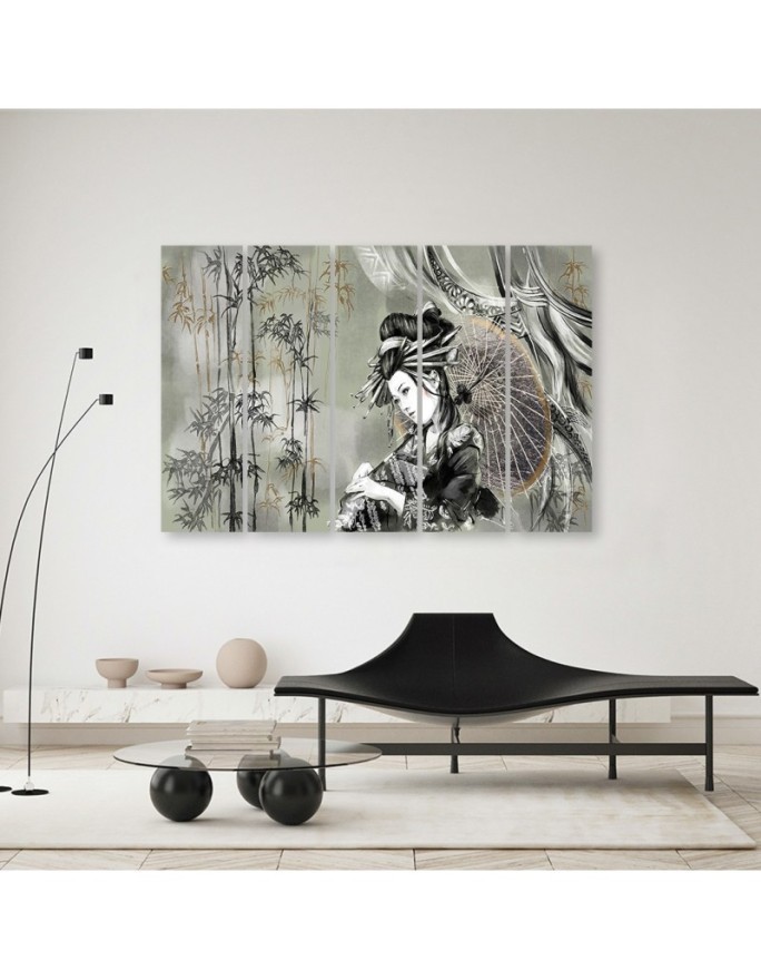 5 Piece Canvas print for living room - Geisha and bamboos | FEEBY