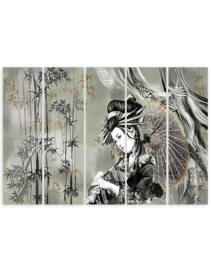 5 Piece Canvas print for living room - Geisha and bamboos | FEEBY