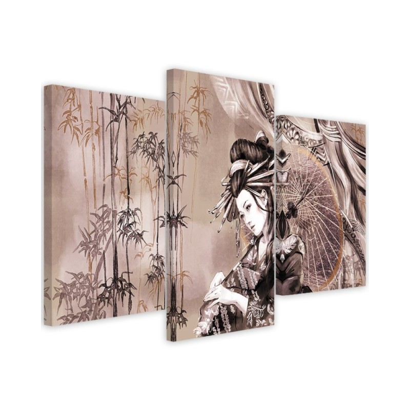 Geisha and bamboos - Modern triptychs for the living room | FEEBY