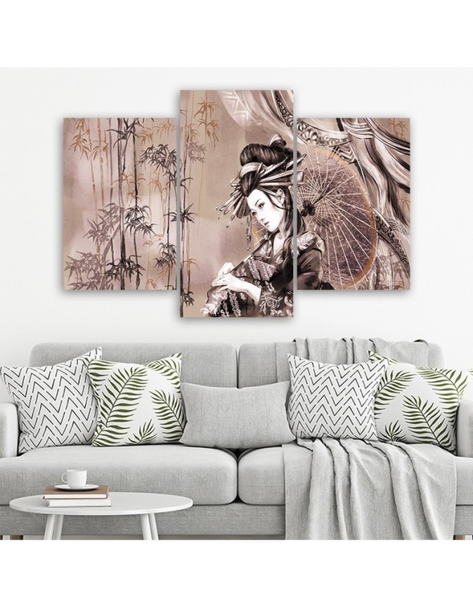Geisha and bamboos - Modern triptychs for the living room | FEEBY