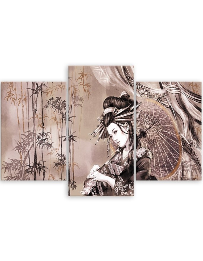 Geisha and bamboos - Modern triptychs for the living room | FEEBY
