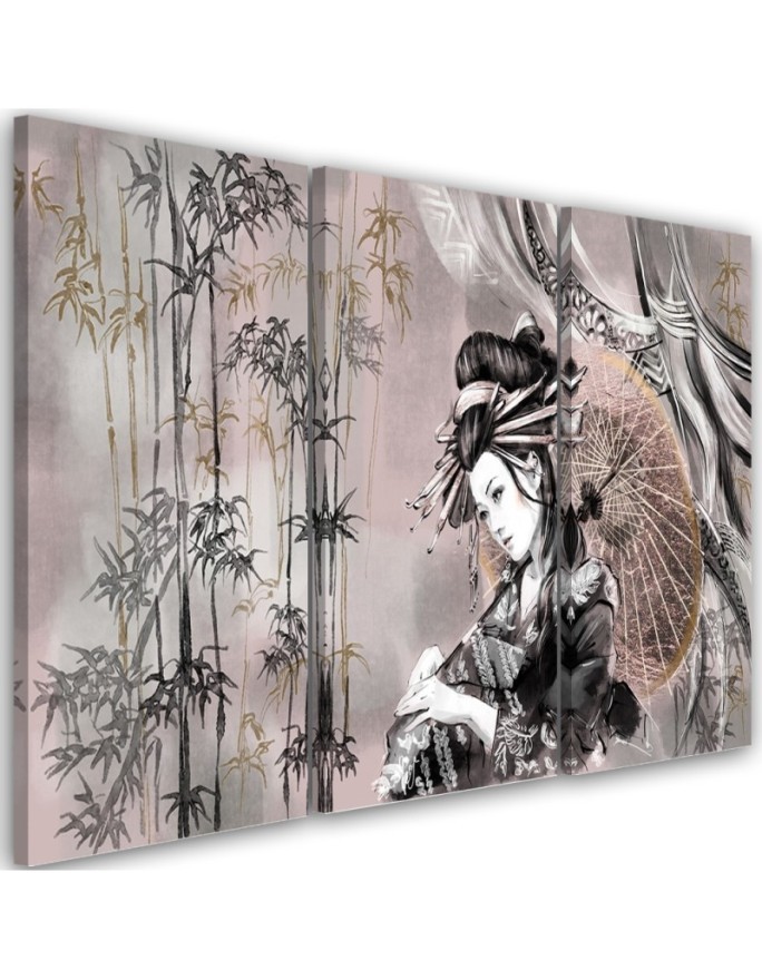 Geisha and bamboos - Modern triptychs for the living room | FEEBY