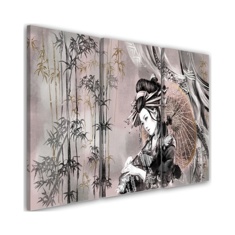 Geisha and bamboos - Modern triptychs for the living room | FEEBY