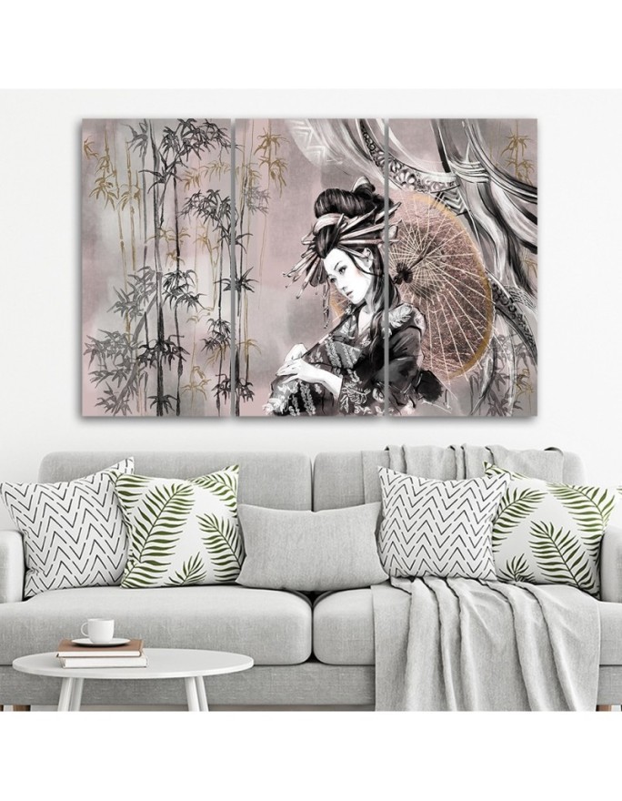 Geisha and bamboos - Modern triptychs for the living room | FEEBY