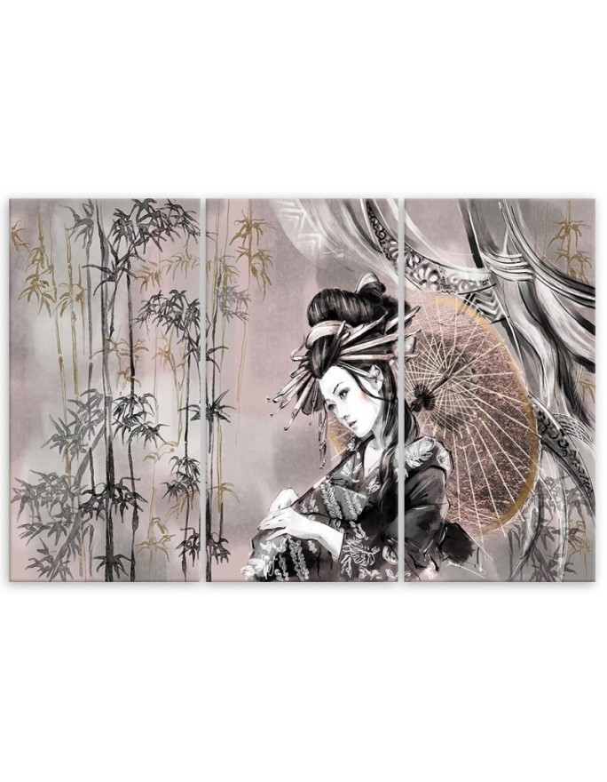 Geisha and bamboos - Modern triptychs for the living room | FEEBY