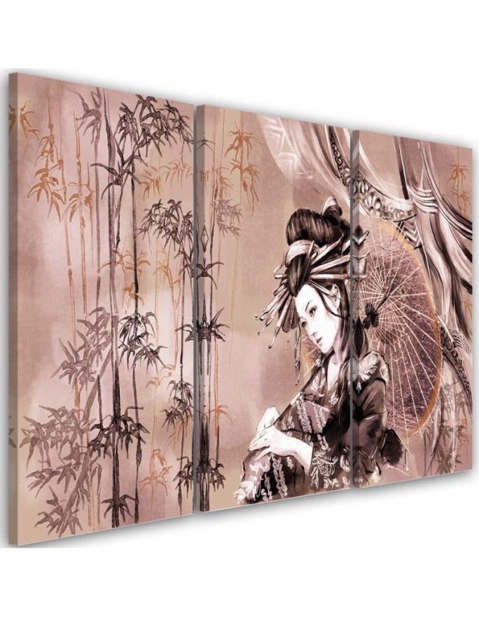 Geisha and bamboos - Modern triptychs for the living room | FEEBY