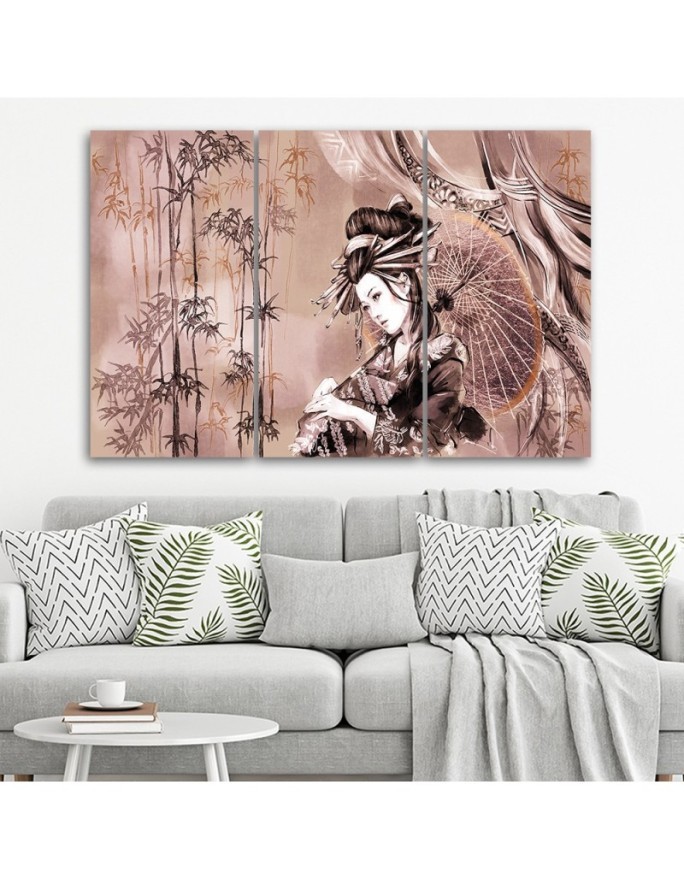 Geisha and bamboos - Modern triptychs for the living room | FEEBY