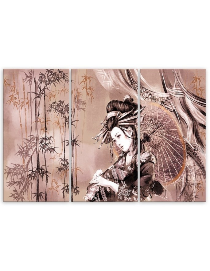 Geisha and bamboos - Modern triptychs for the living room | FEEBY