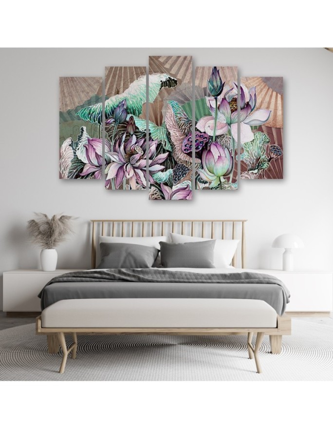 Holy lotus and fans - Modern canvas painting | FEEBY