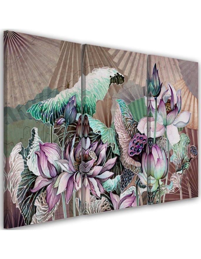 3 piece Holy lotus and fans - Printed canvas painting | FEEBY