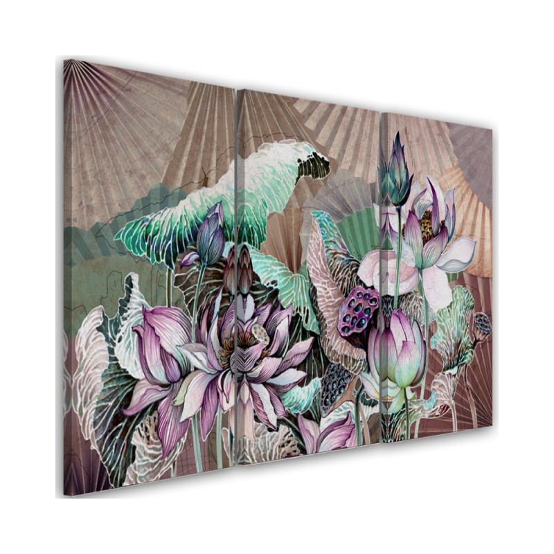 3 piece Holy lotus and fans - Printed canvas painting | FEEBY
