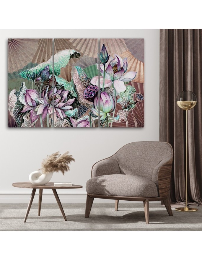 3 piece Holy lotus and fans - Printed canvas painting | FEEBY
