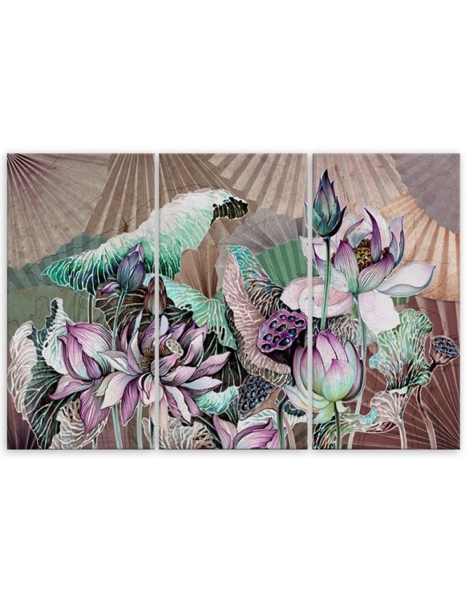 3 piece Holy lotus and fans - Printed canvas painting | FEEBY