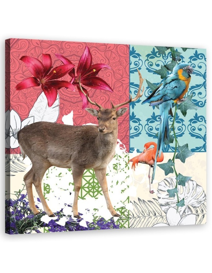 Deer Parrot Flamingo collage - Canvas wall art painting | FEEBY
