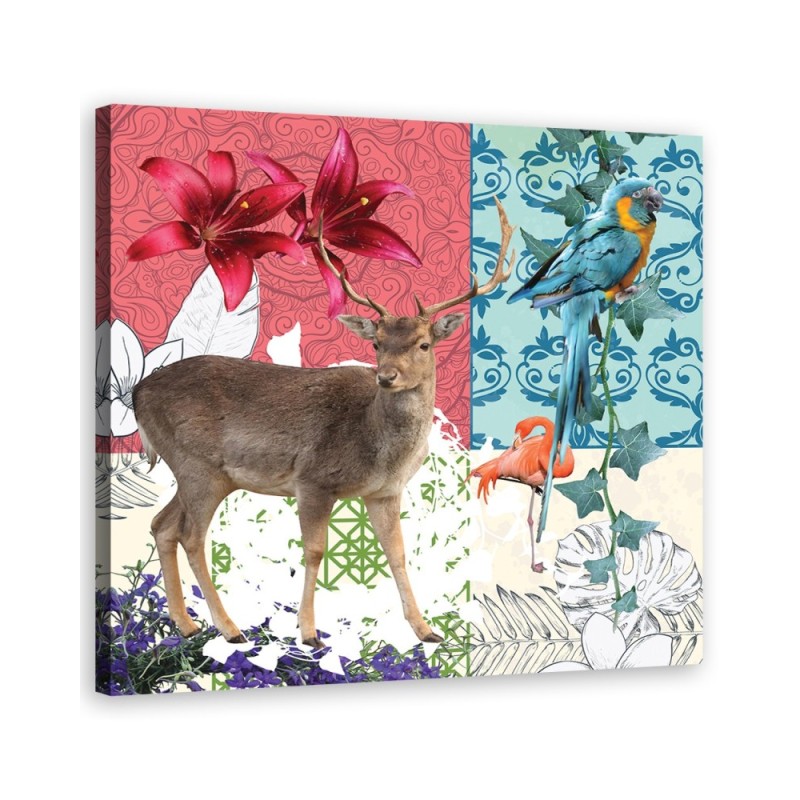 Deer Parrot Flamingo collage - Canvas wall art painting | FEEBY