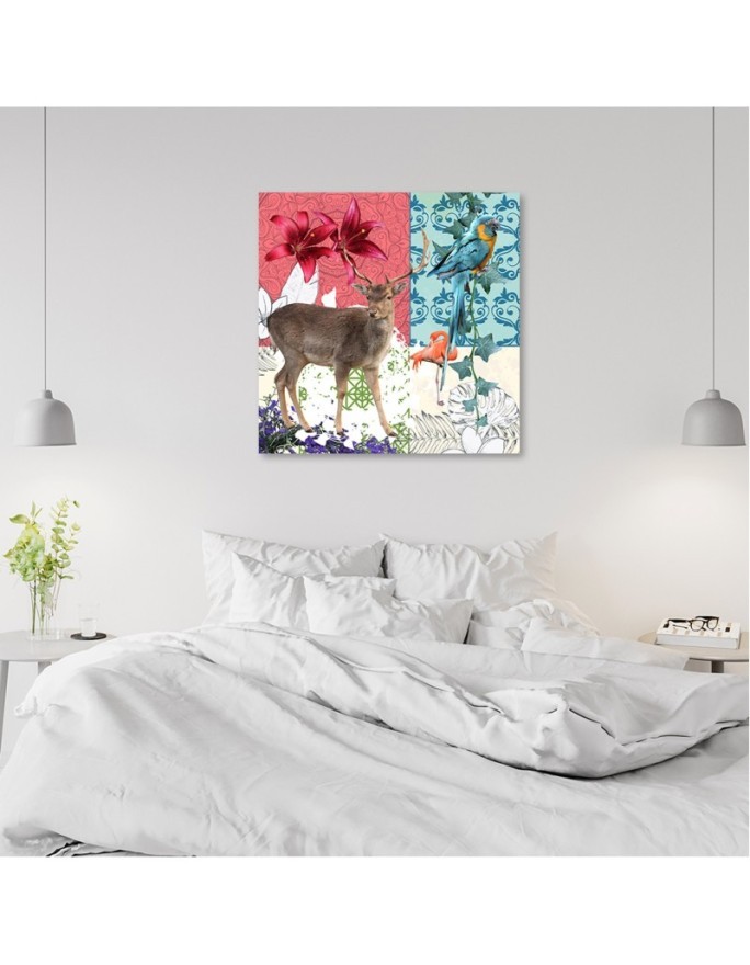 Deer Parrot Flamingo collage - Canvas wall art painting | FEEBY