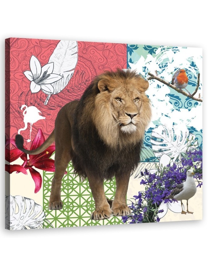 Lion and birds collage - canvas wall art painting | FEEBY