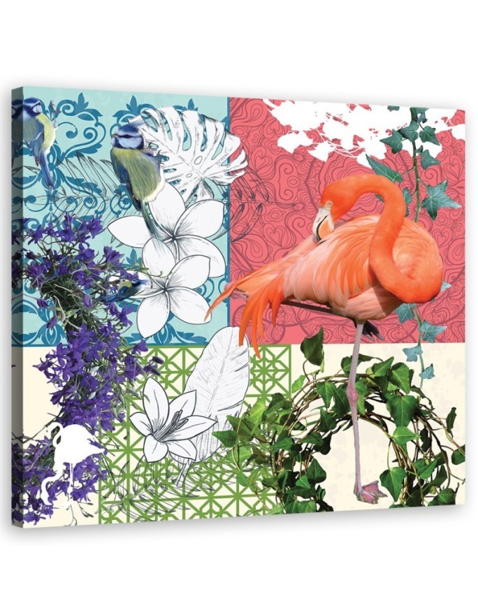 Flamingo and birds collage - Canvas art painting | FEEBY