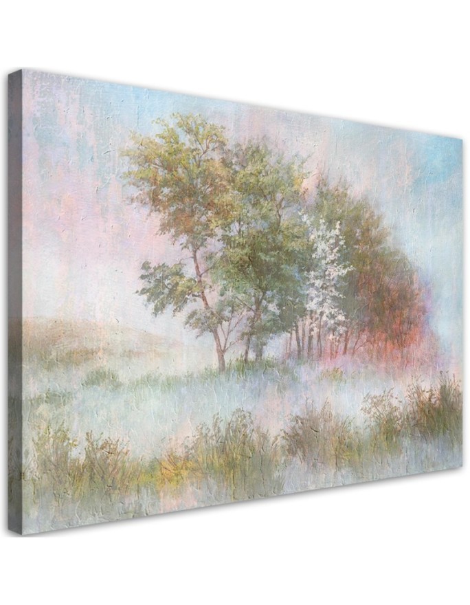 Trees on a misty meadow - Wall art painting for the bedroom | FEEBY