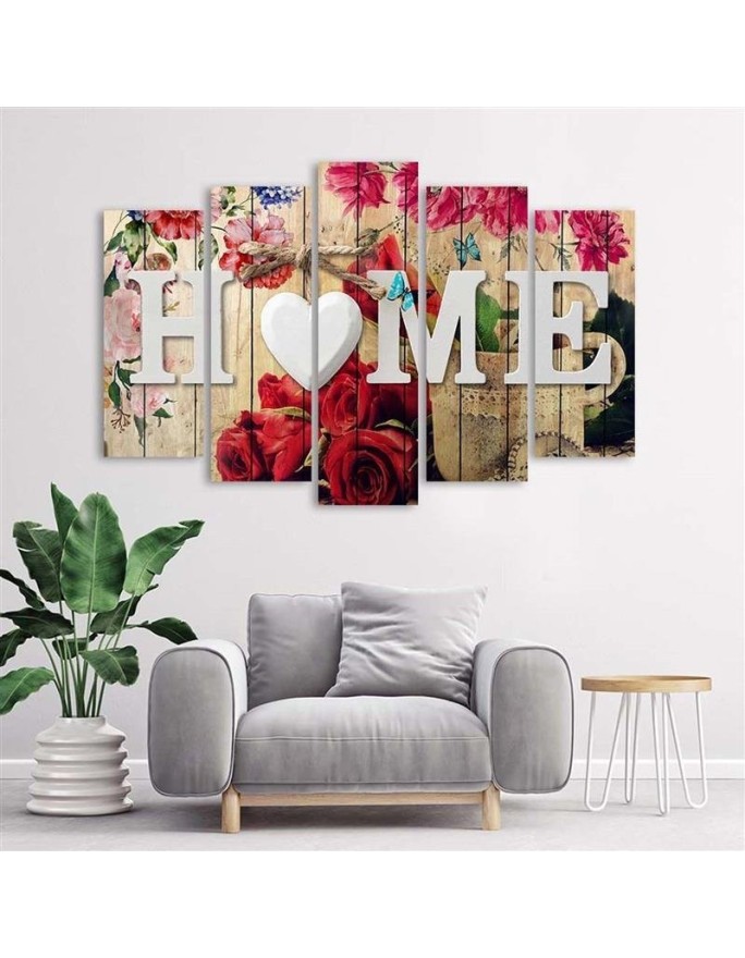 5 Piece Home inscription with floral motif Decorative canvas painting | FEEBY