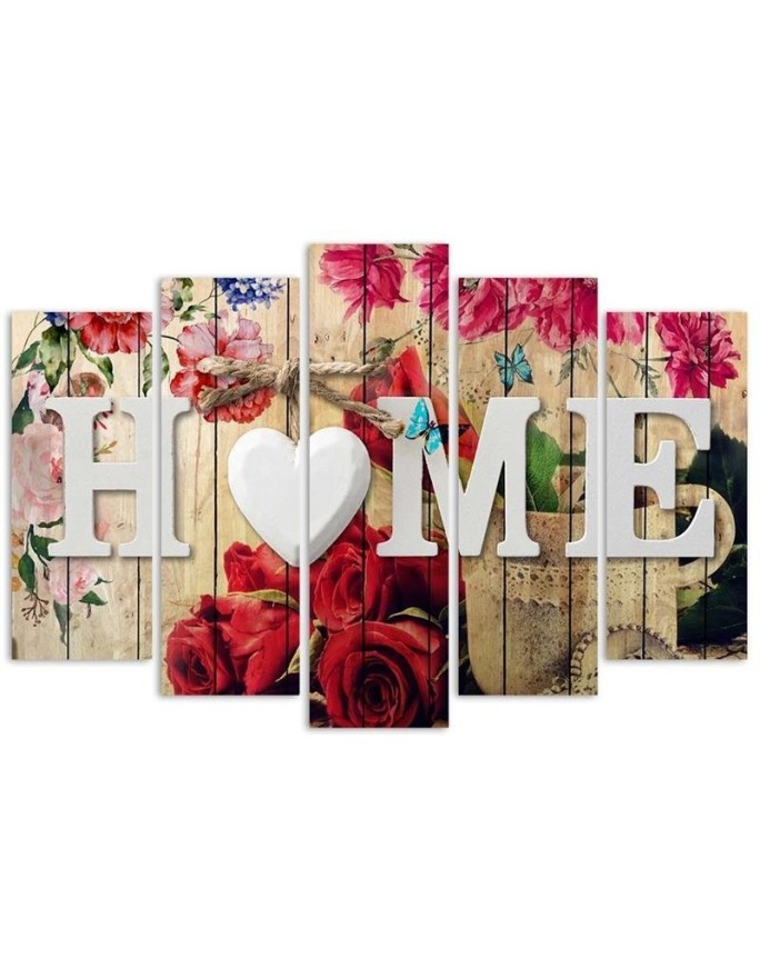 5 Piece Home inscription with floral motif Decorative canvas painting | FEEBY