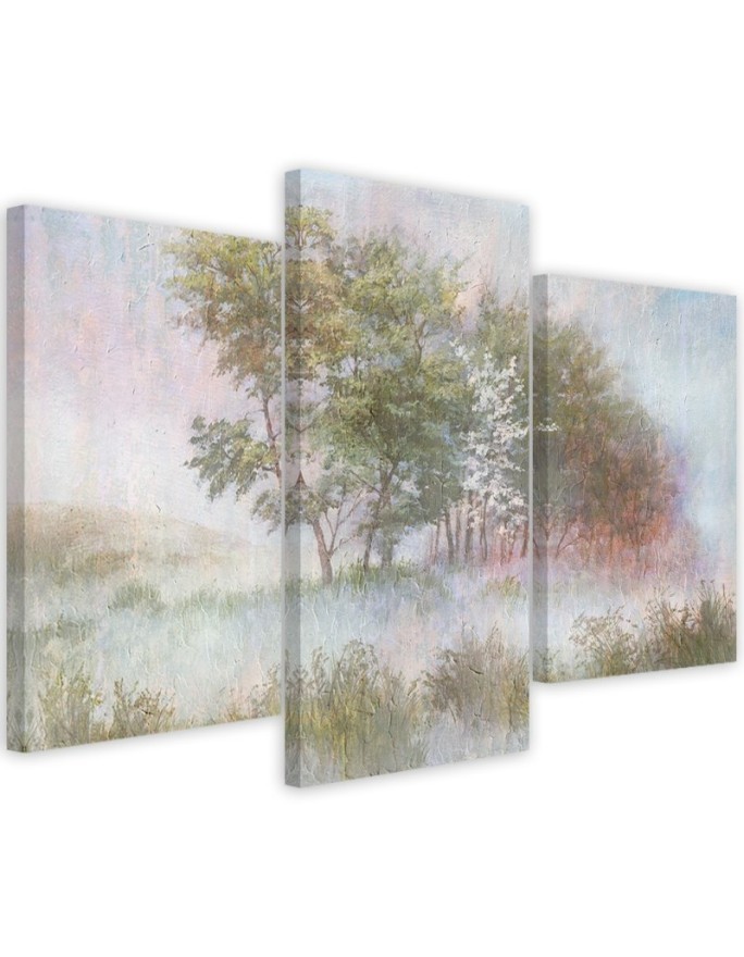 3-piece painting - Trees on a misty meadow | FEEBY