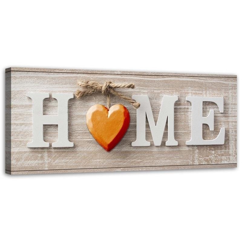 Home inscription with orange heart - Canvas prints for living room | FEEBY