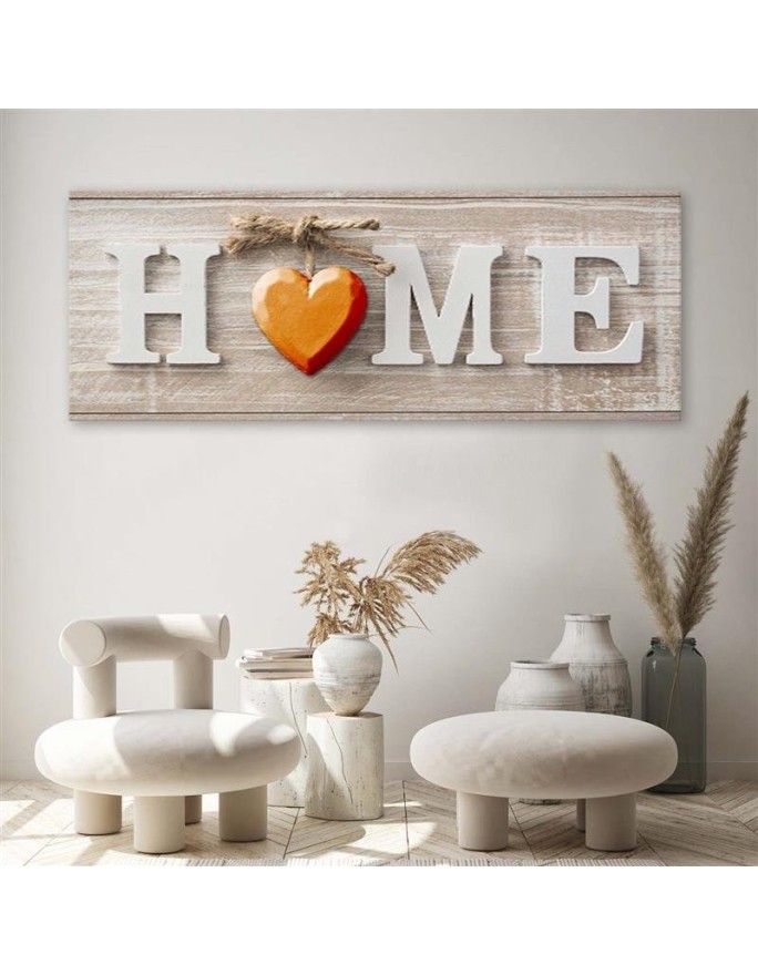 Home inscription with orange heart - Canvas prints for living room | FEEBY